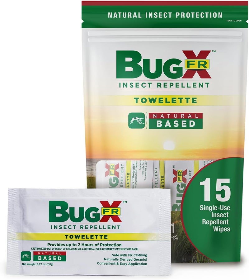coretex Bug X FR DEET-Free Insect Repellent Wipes with Resealable Travel Bag - Pack of 15 Single-Use, Naturally Derived Geranium Oil Bug Wipes - Protects Against Mosquitoes - Image 1